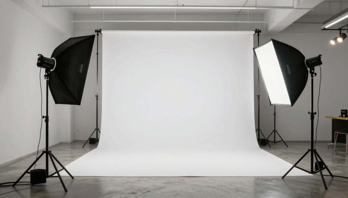 Professional photography studio with white seamless backdrop