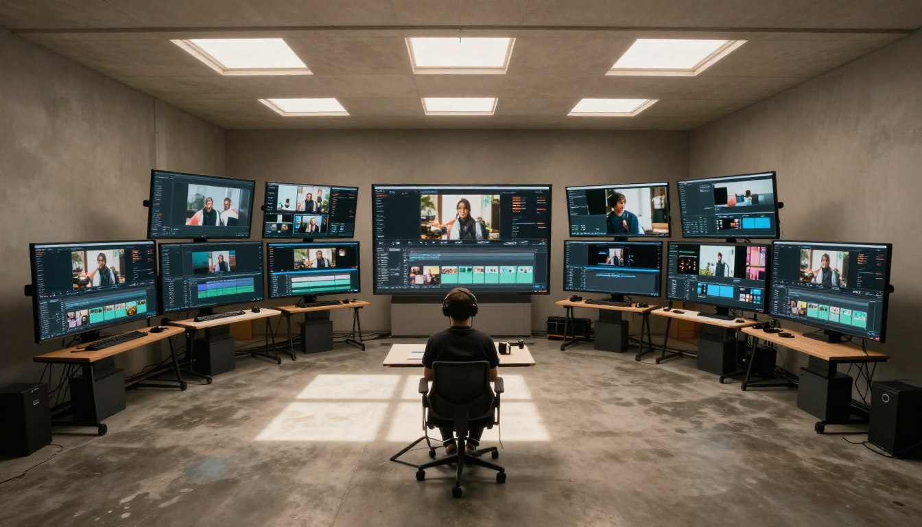 Aerial perspective of a creative video production studio interior with multiple monitors and a videographer at center