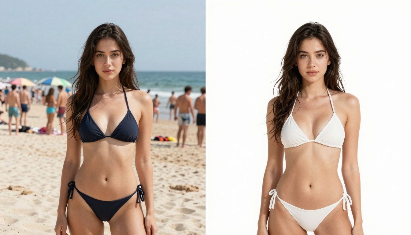 Before and after background removal comparison on bikini subject