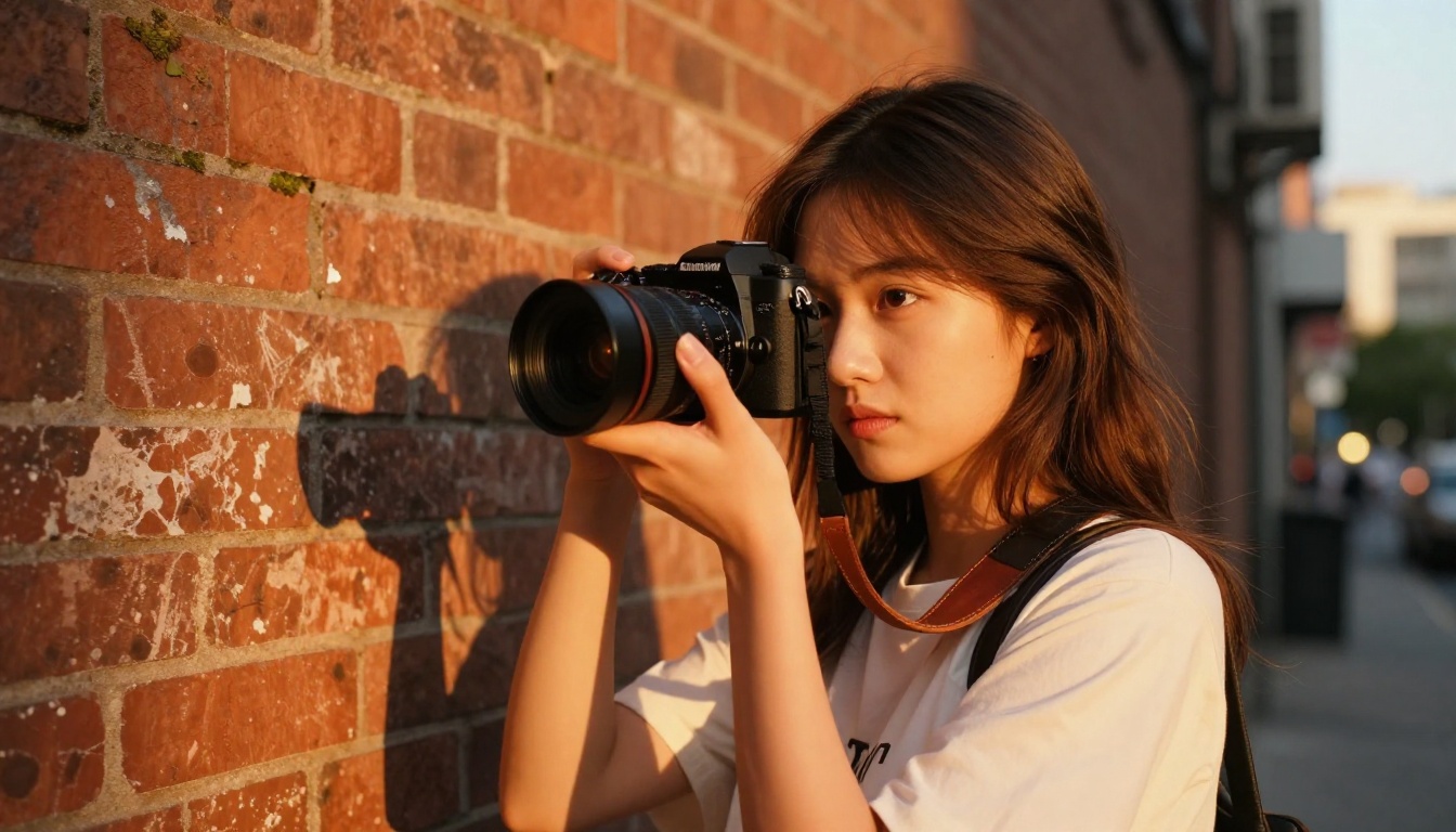Low-angle shot of a female videographer in a golden hour urban alleyway holding a professional mirrorless camera