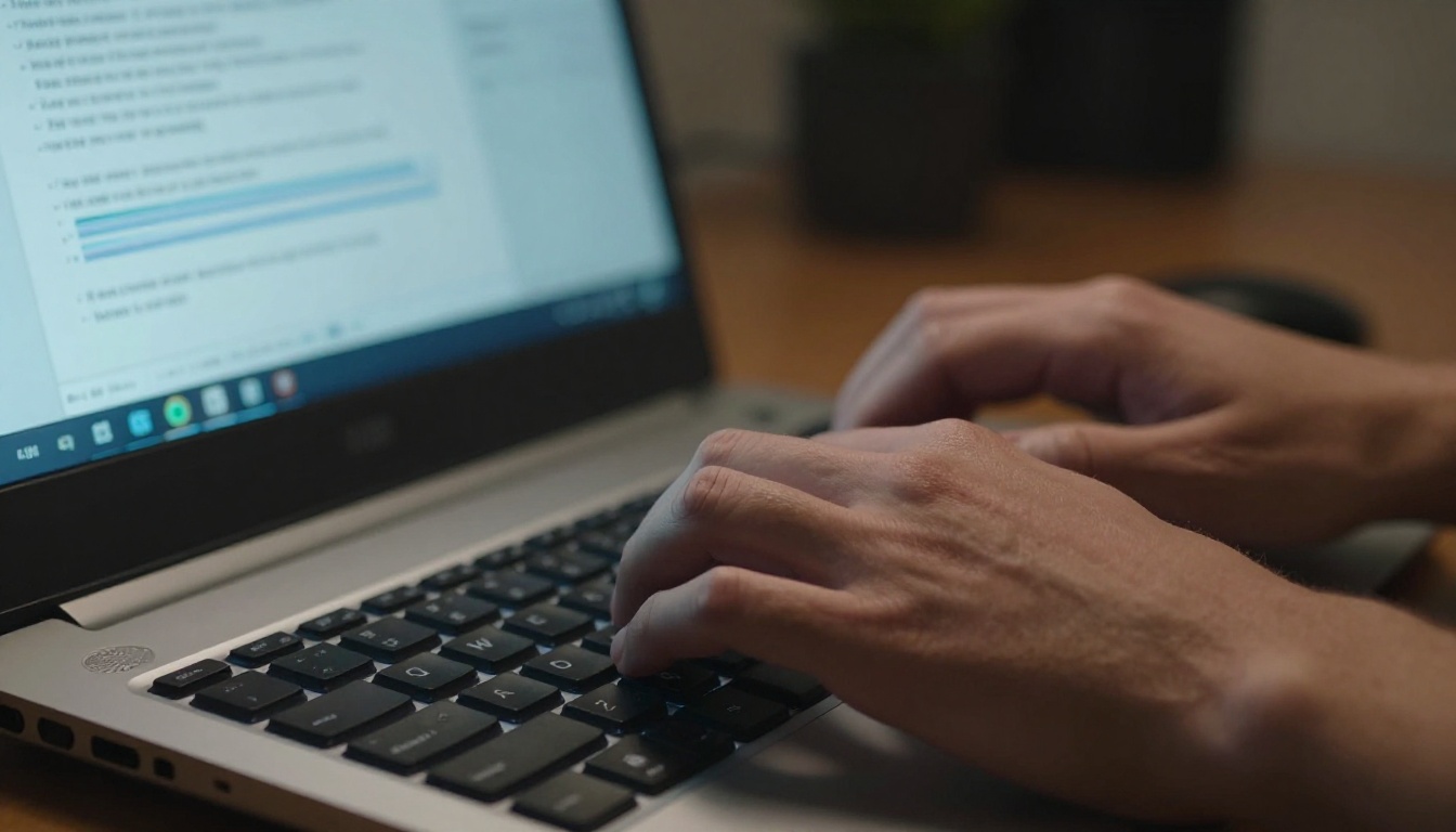Close-up of hands typing on a mechanical keyboard with an AI video generation interface visible on a screen in the background