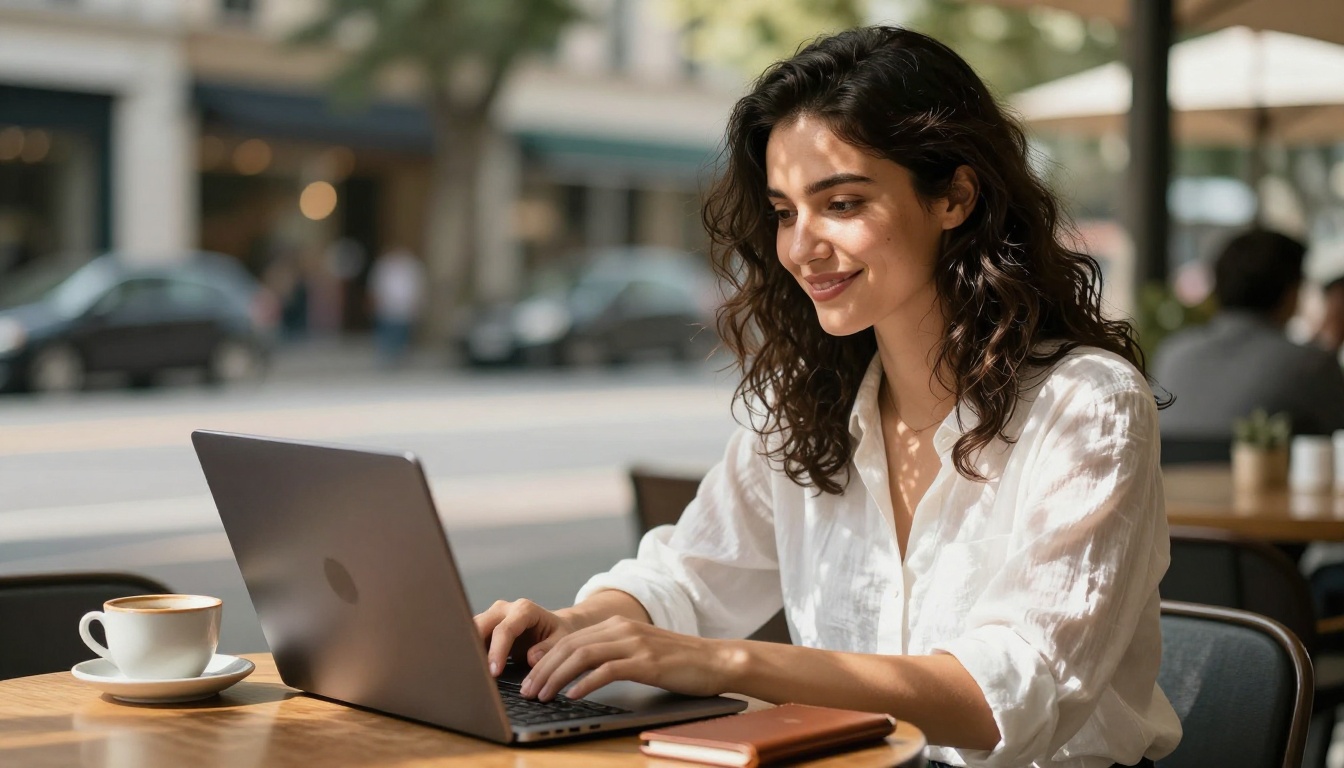 Portrait of a young woman at an outdoor cafe with a laptop open showing AI video generation results on screen