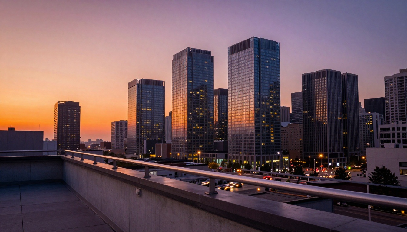 Cinematic wide shot of a city skyline at dusk from a rooftop, golden hour light reflecting off glass skyscrapers