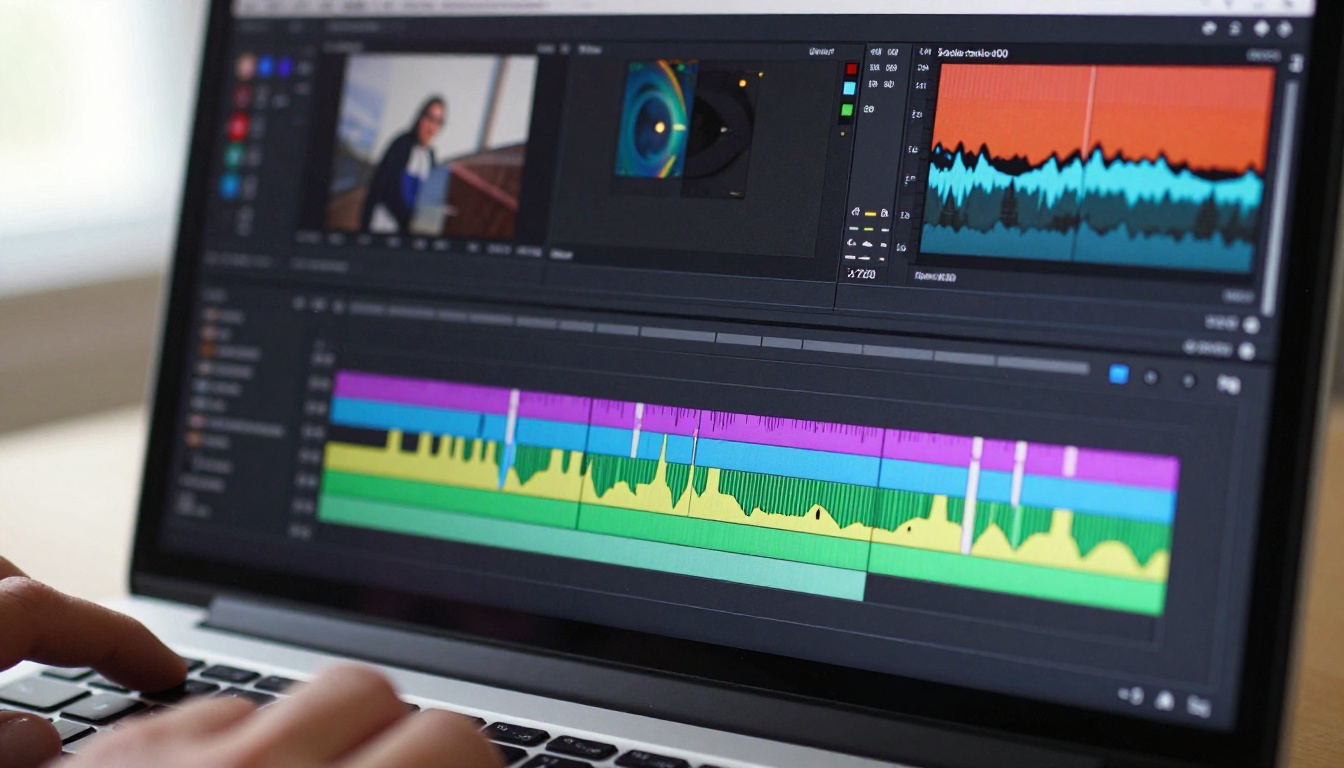 Close-up of a laptop screen showing a professional multi-track video editing timeline with waveforms and keyframes