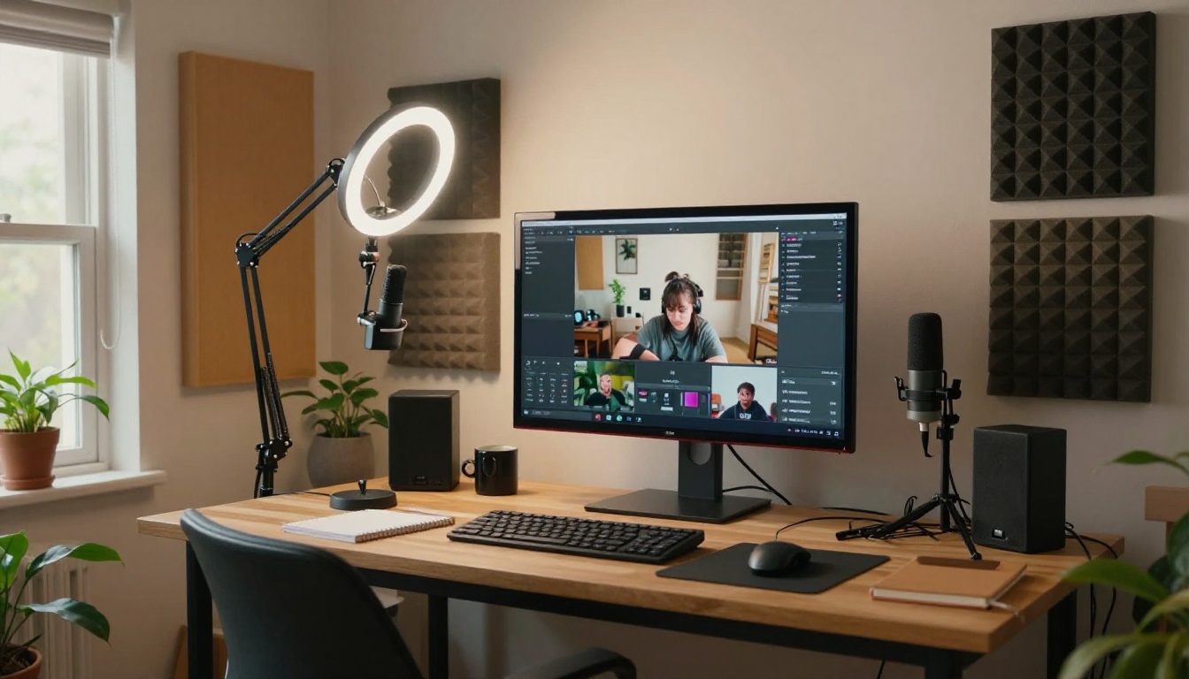 Wide interior shot of a home content creation studio with a large monitor, ring light, microphone boom arm, and acoustic panels