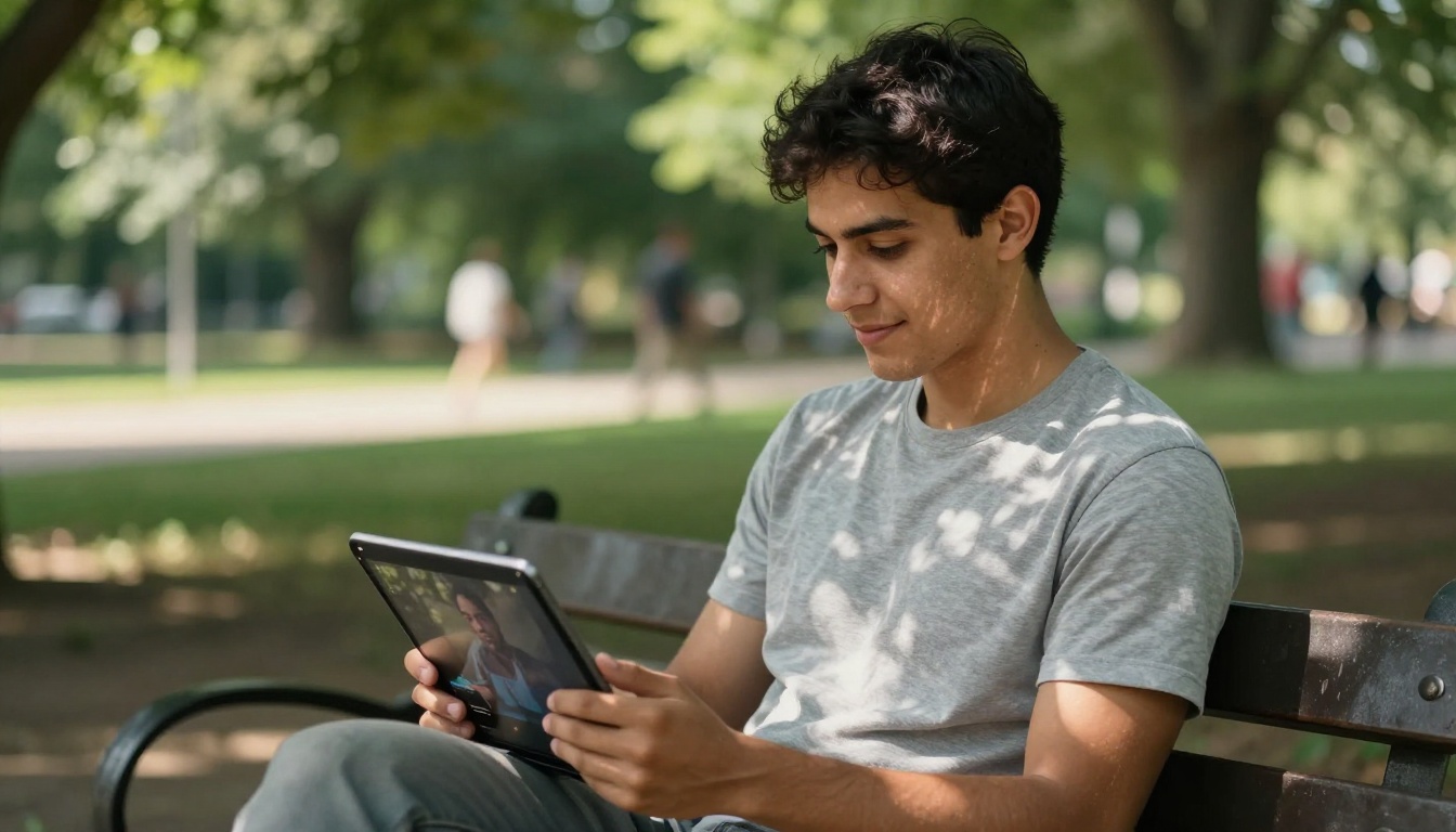 Young man sitting on a park bench outdoors viewing AI-generated video on a tablet in warm dappled sunlight