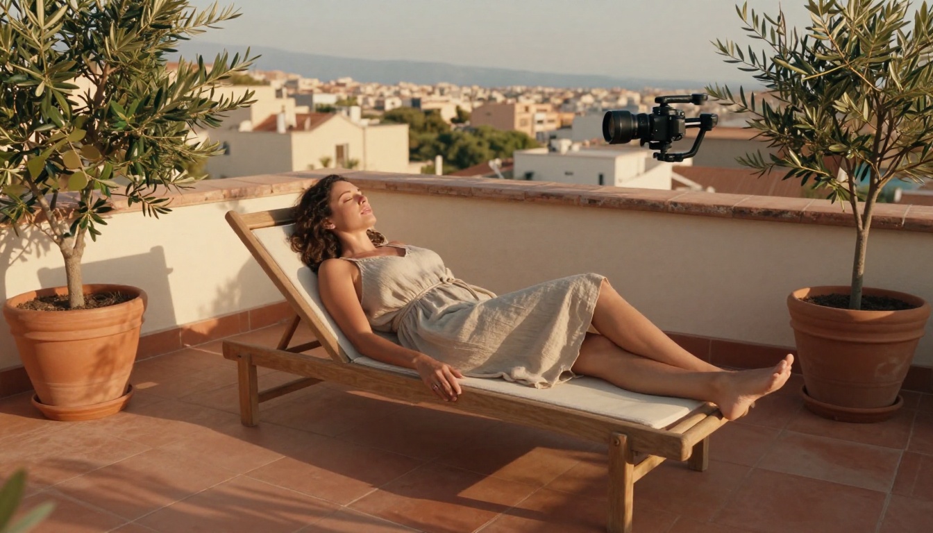 Woman on sun-drenched rooftop terrace at golden hour Woman on sun-drenched rooftop terrace at golden hour