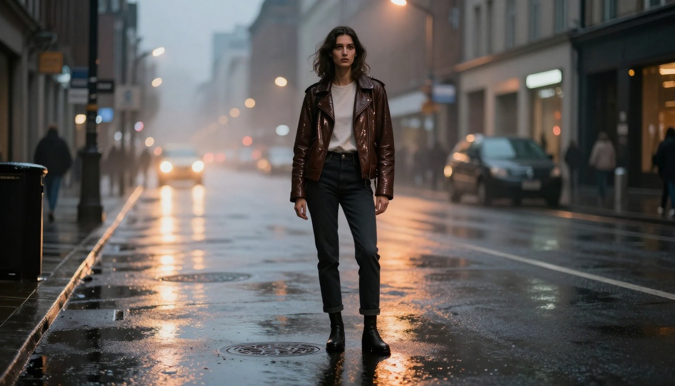 Fashion model on rain-soaked city street with specular reflections Fashion model on rain-soaked city street with specular reflections