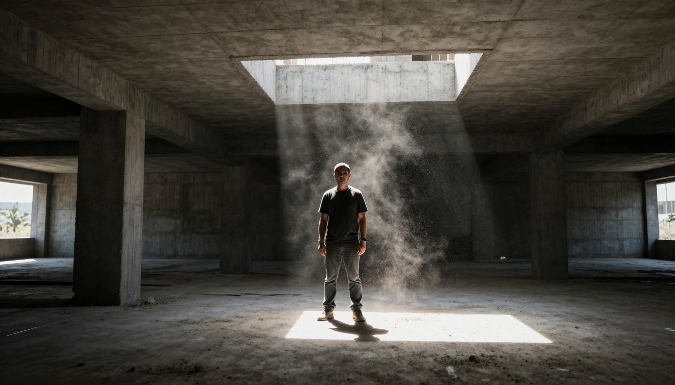 Architect standing in dramatic overhead volumetric light shaft Architect standing in dramatic overhead volumetric light shaft