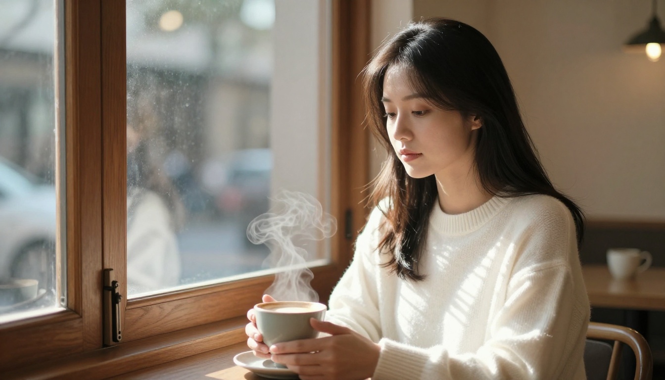 Woman by cafe window with soft diffused morning light Woman by cafe window with soft diffused morning light