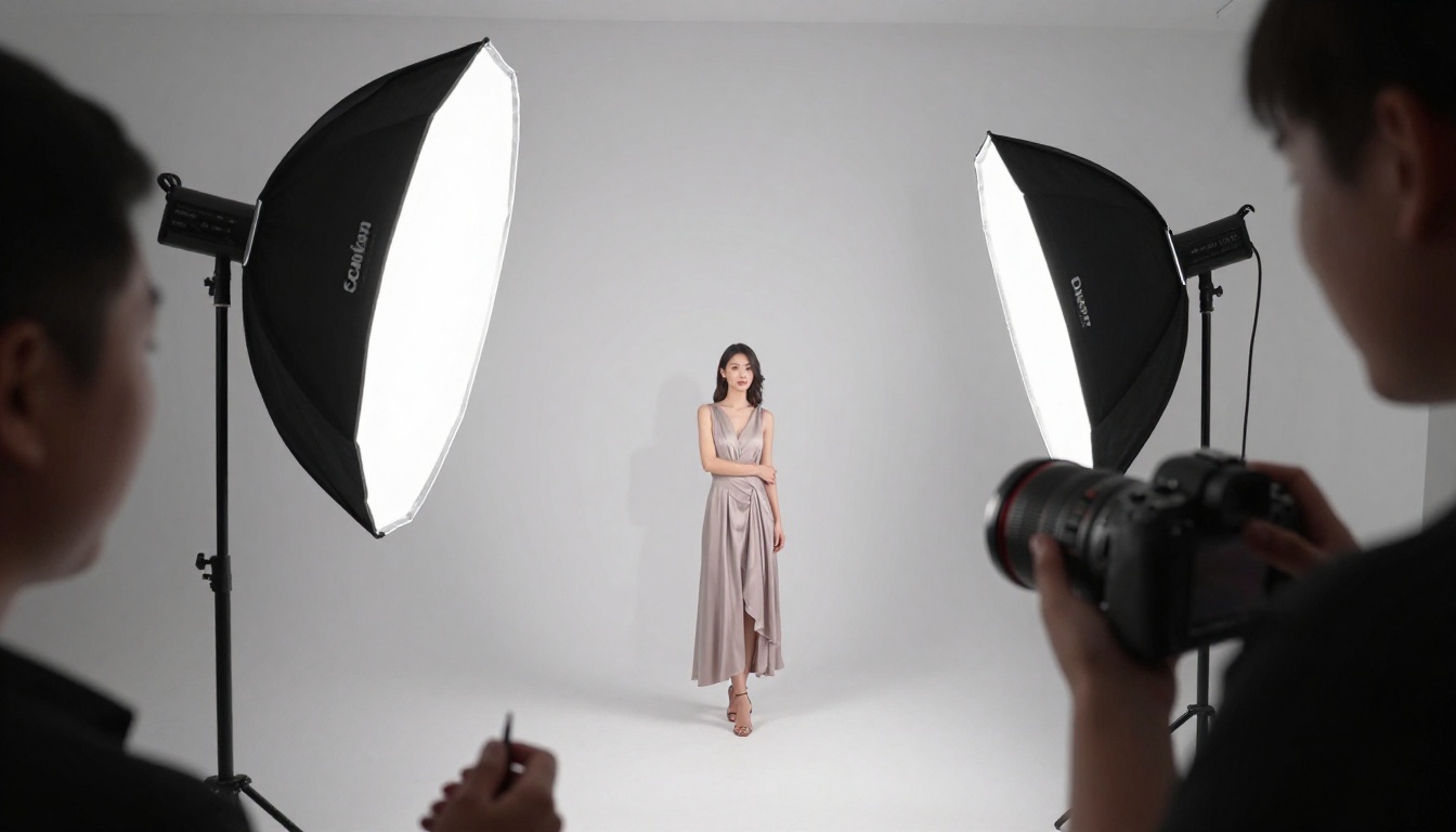 Professional studio photo setup showing lighting equipment in use Professional studio photo setup showing lighting equipment in use
