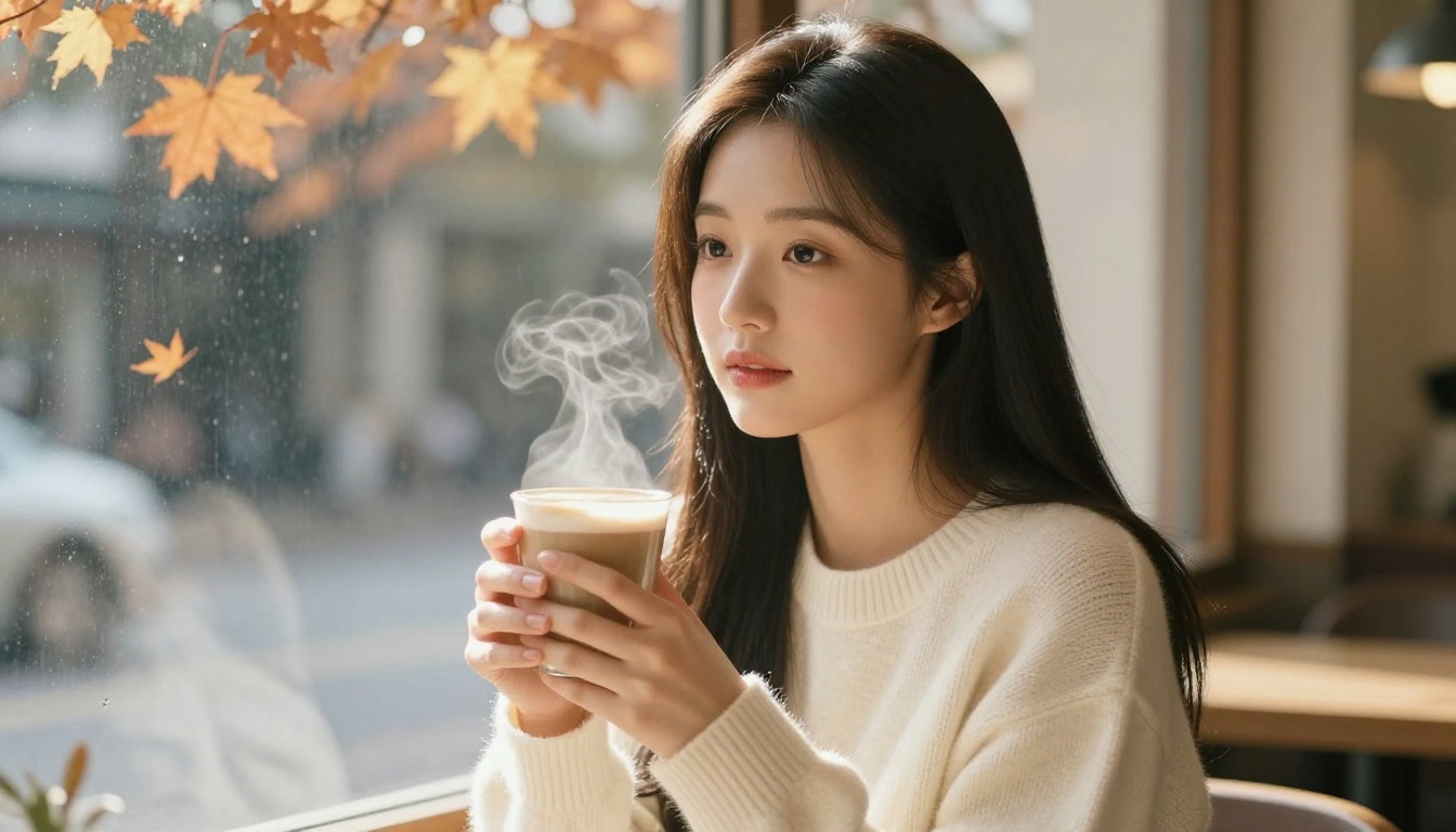 Korean K-beauty AI waifu sitting in a cozy Seoul cafe