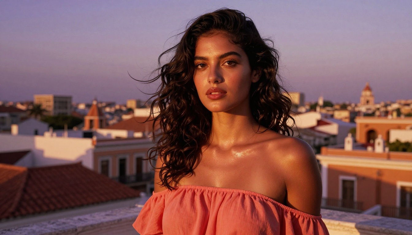 Stunning Latina waifu on a Cartagena rooftop at golden sunset