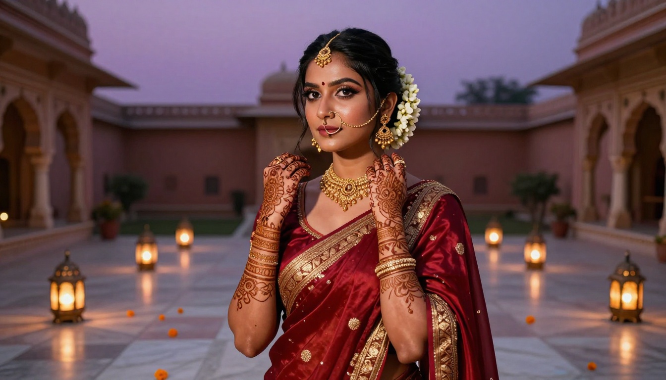Beautiful South Asian waifu in crimson silk saree at palace courtyard