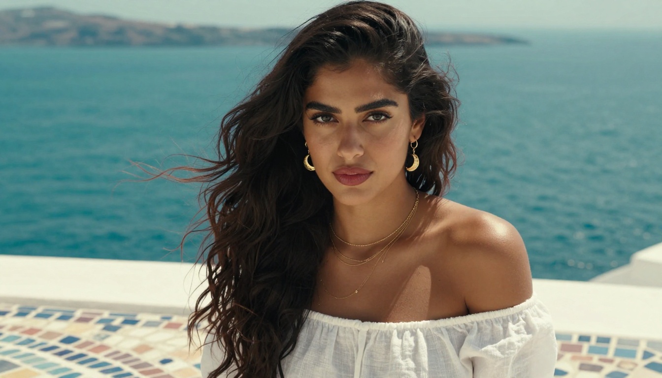 Gorgeous Middle Eastern waifu on a Santorini mosaic terrace