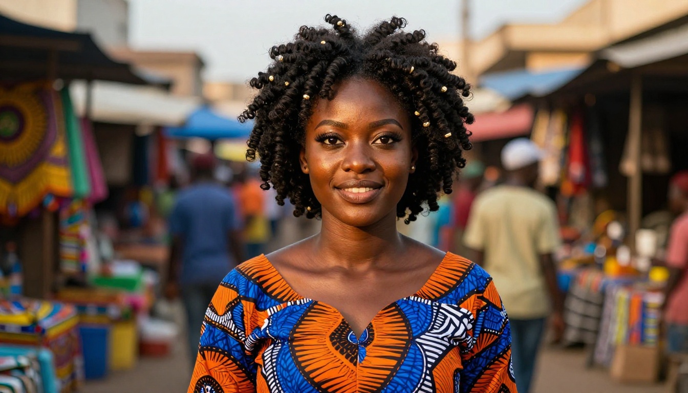 Radiant West African waifu at a vibrant Lagos street market