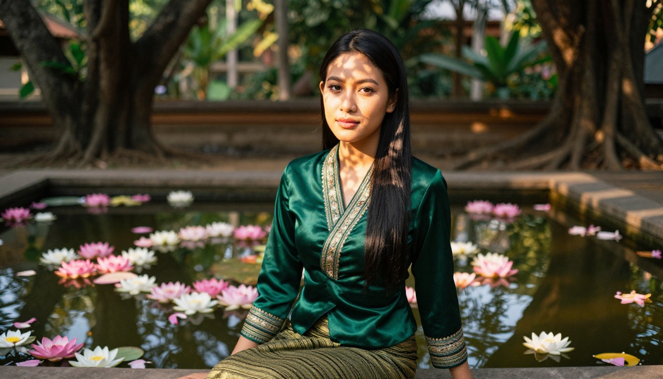 Beautiful Thai waifu seated at ancient Chiang Mai temple with lotus pool