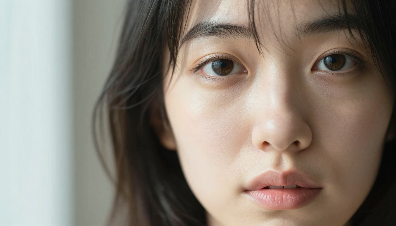 Intimate close-up portrait of a Japanese waifu with porcelain skin
