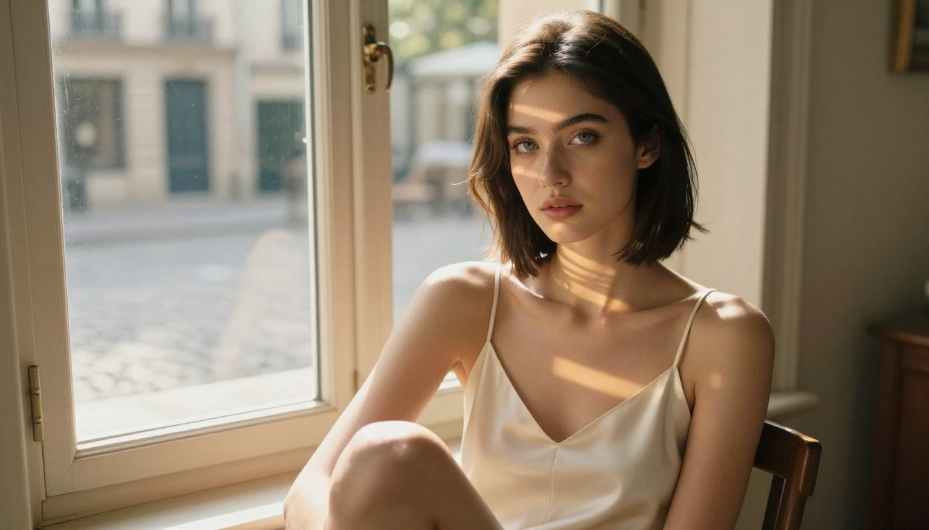 Ethereal Eurasian waifu by Parisian arched window at sunset