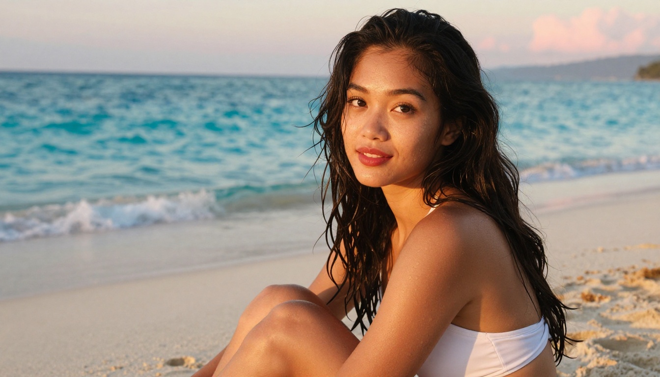 Beautiful Filipino waifu on Palawan white sand beach at sunrise