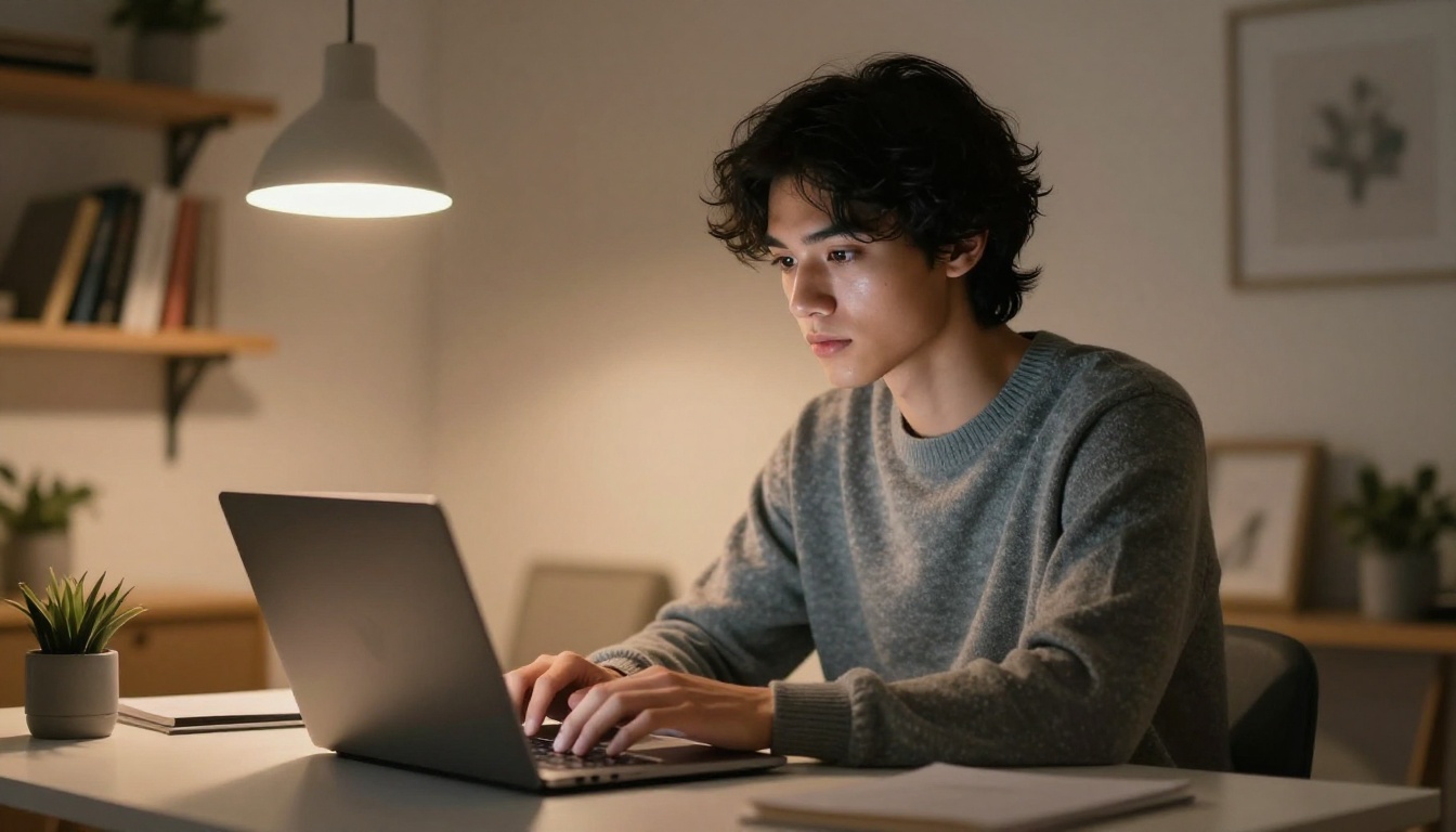Attractive young man glancing at laptop screen in warm home office light