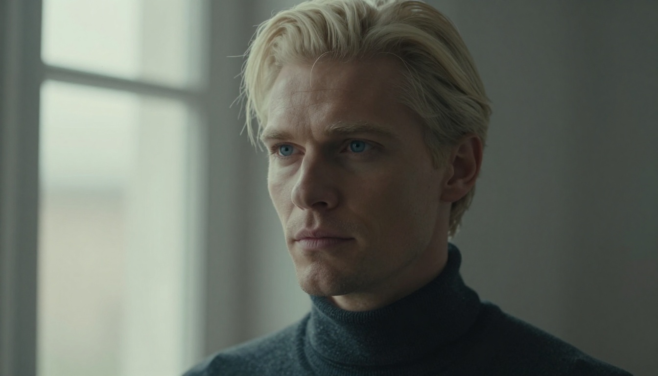 Close-up portrait of elegant man with platinum blond hair in Rembrandt lighting