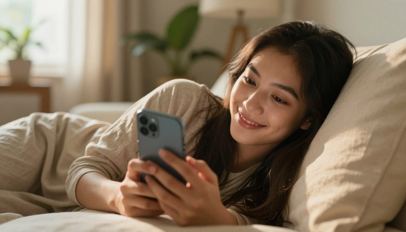 Young woman lying on cream linen couch smiling warmly at her smartphone