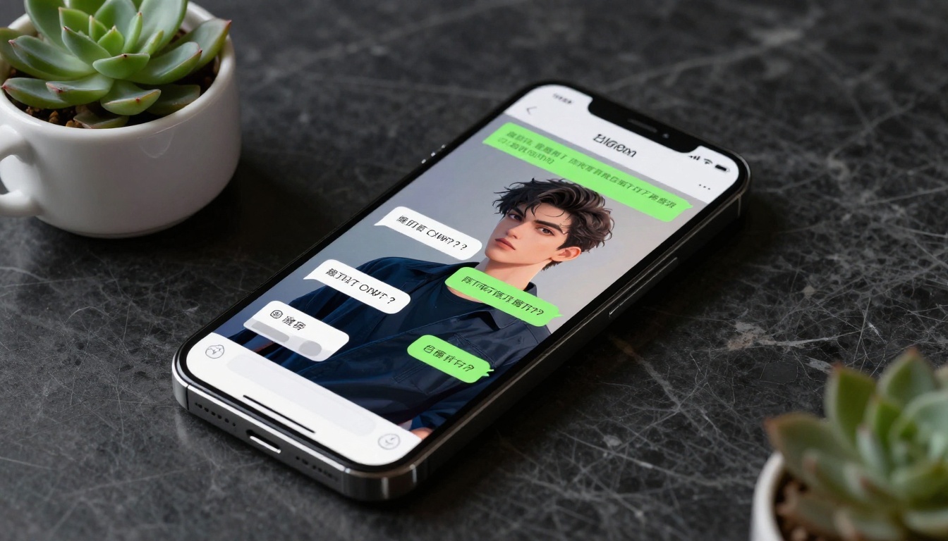 Smartphone screen displaying a chat app interface resting on dark marble surface