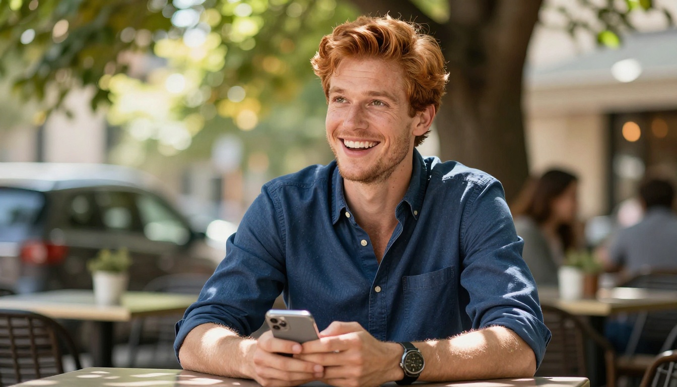 Handsome auburn-haired man laughing at phone at a sunlit outdoor cafe