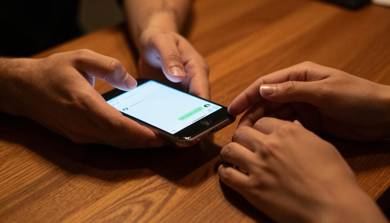 Close-up of two hands nearly touching across a candlelit wooden table