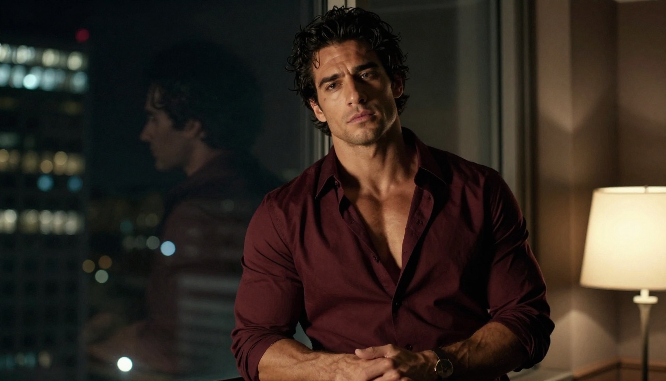 Confident man with dark hair standing by city-view windows at night with dramatic low-key lighting