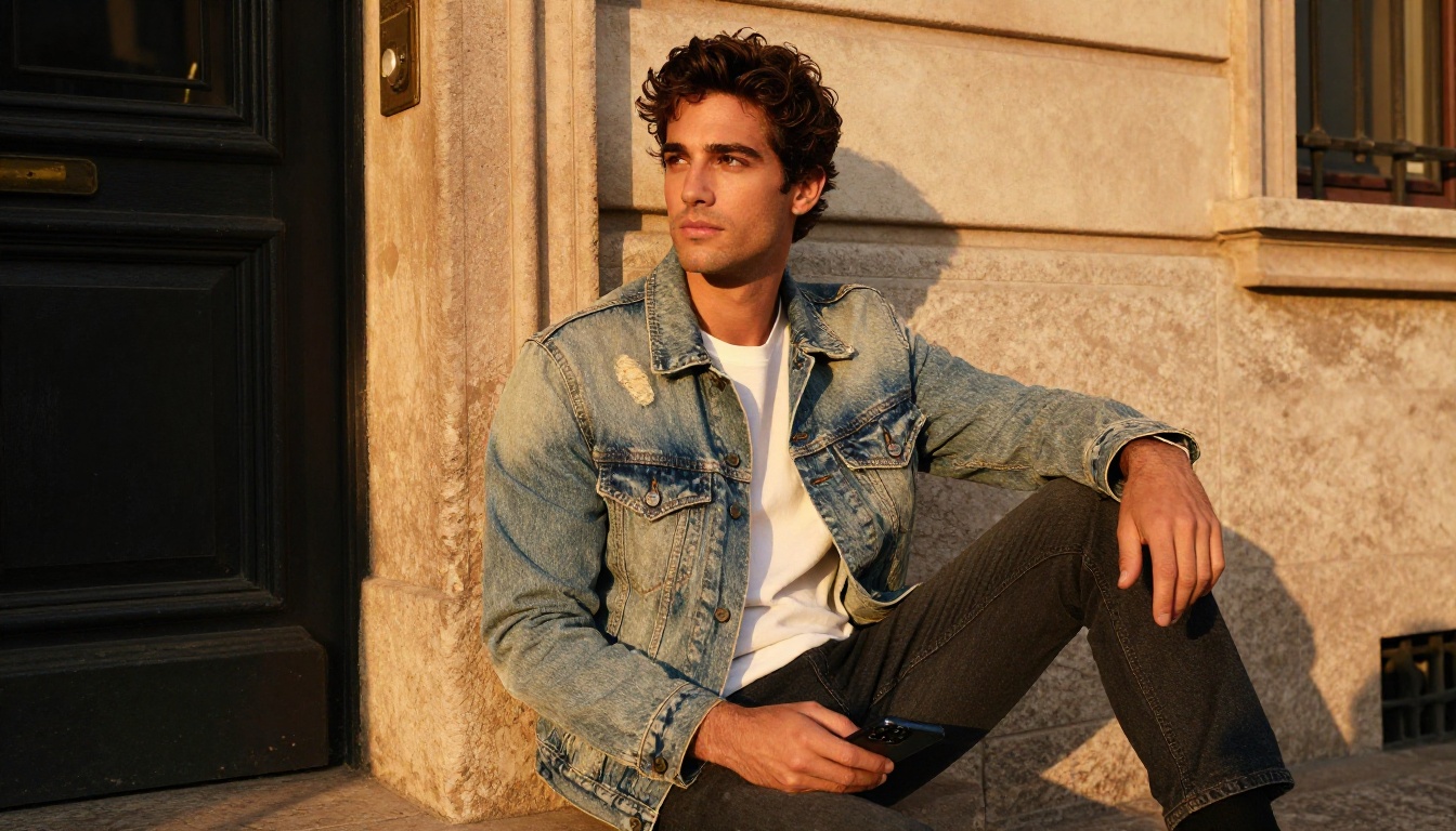 Charming dark-haired man sitting on stone steps in warm golden-hour sunlight holding a phone