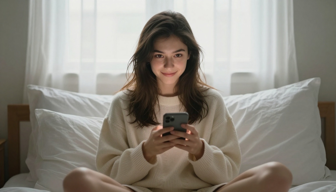 Young woman sitting cross-legged on white pillows holding a phone with a warm smile