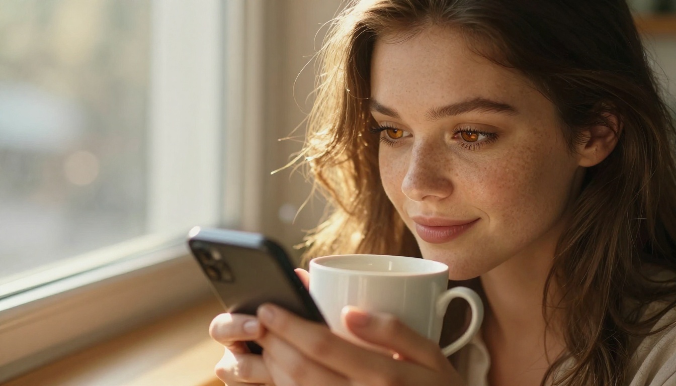 Close-up portrait woman with coffee mug looking at phone