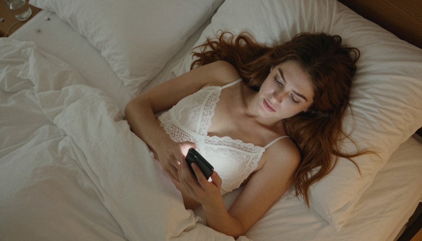 Aerial view woman on bed with phone in morning light