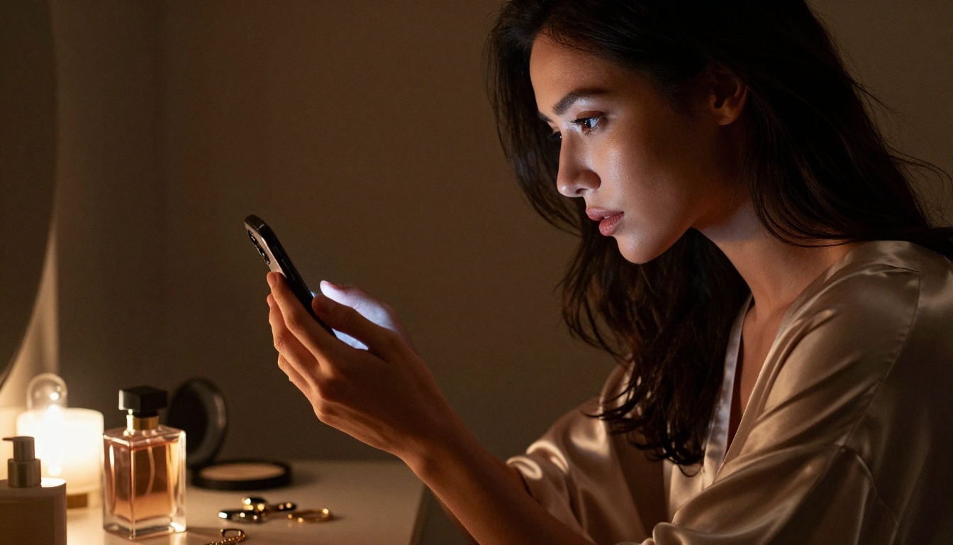 Woman at vanity mirror holding phone at night