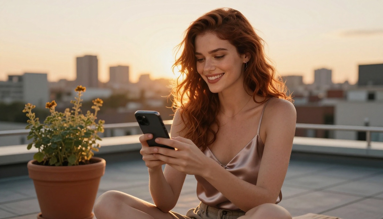 Woman on rooftop terrace at sunset smiling at phone