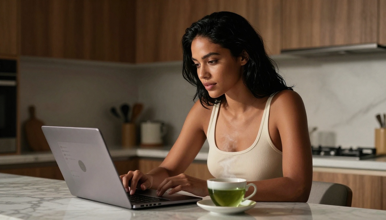 Woman at marble kitchen island with laptop