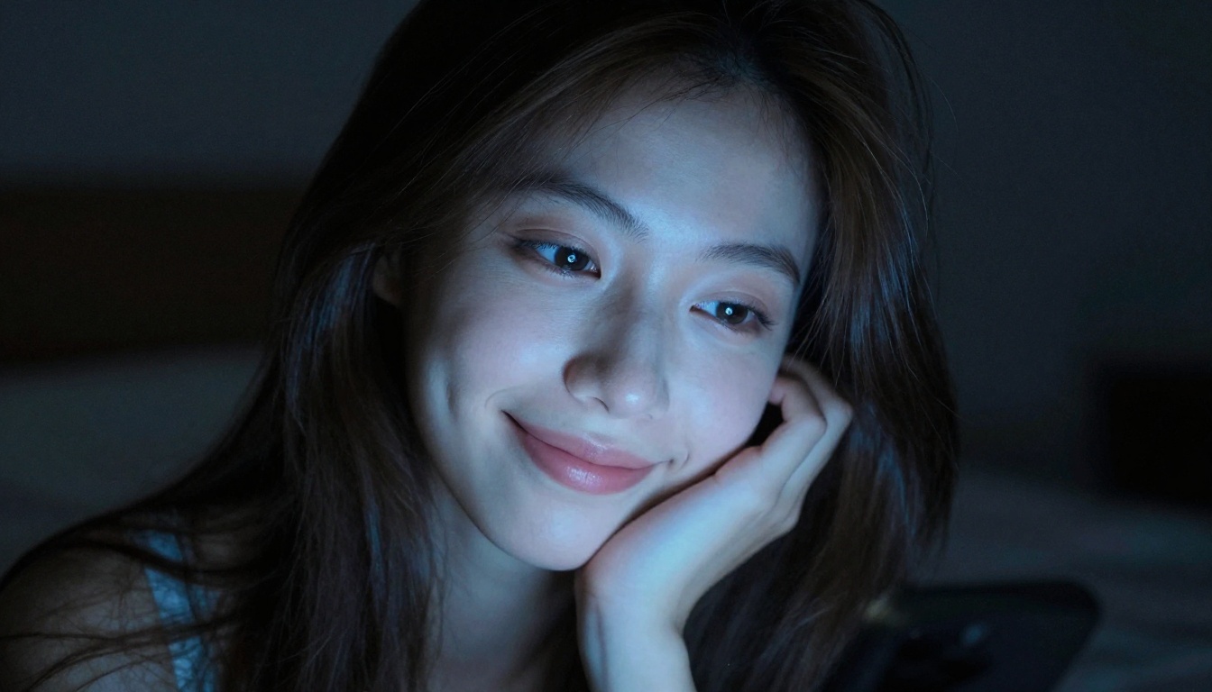 Young woman's face lit by phone screen glow in dark room