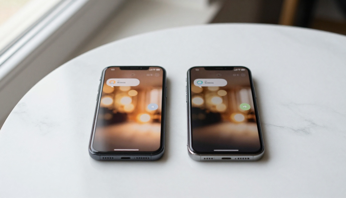Two smartphones with chat interfaces side by side on marble