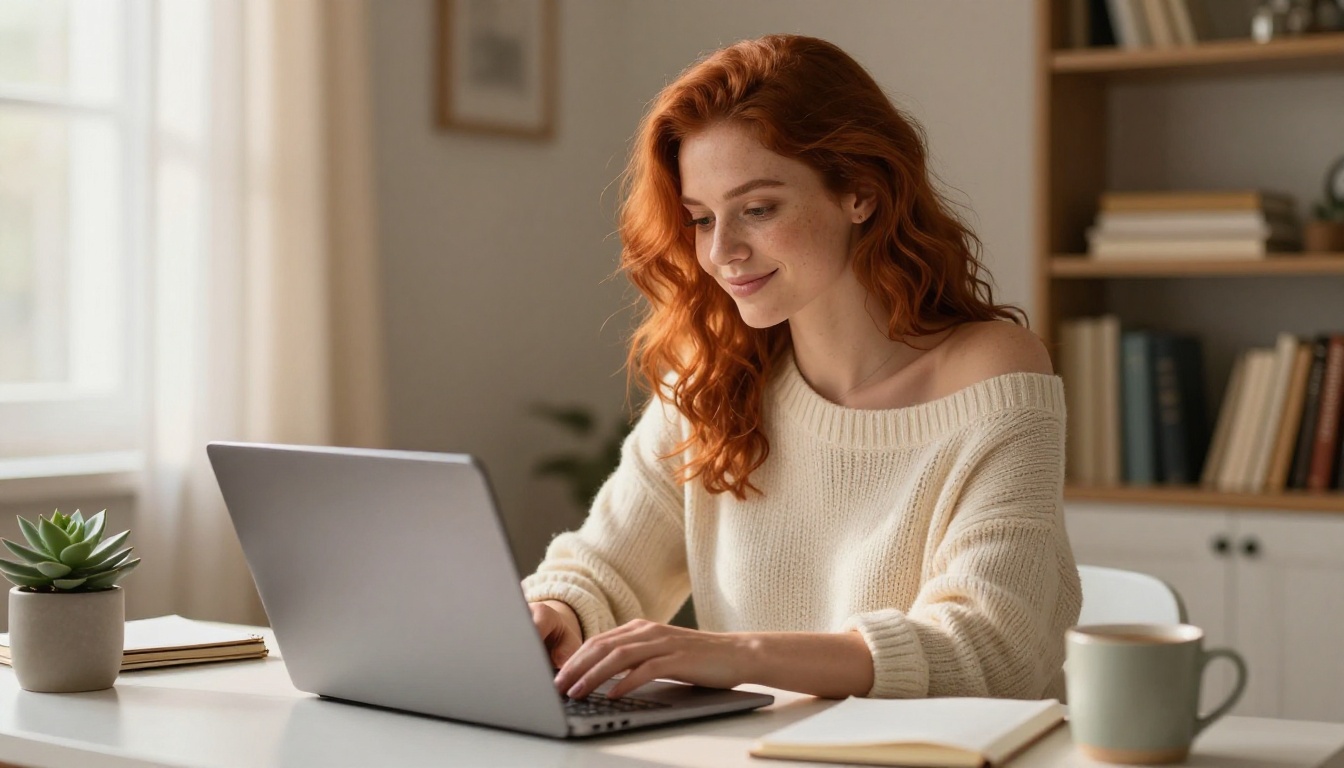 Woman smiling at laptop in cozy home office