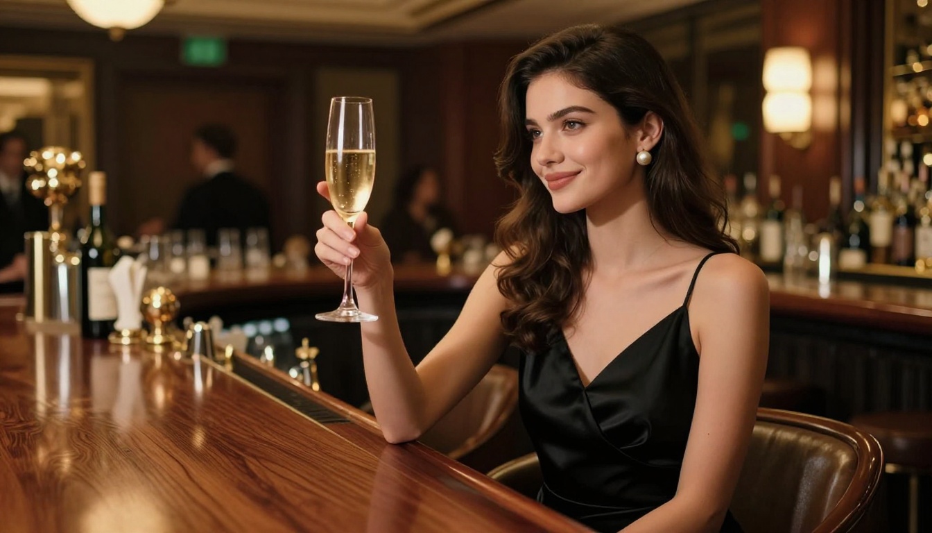 Woman in elegant black dress at luxury hotel bar holding champagne