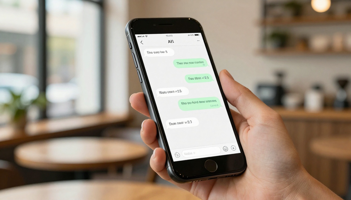 Phone screen with AI chat interface held by woman's hand, cafe background