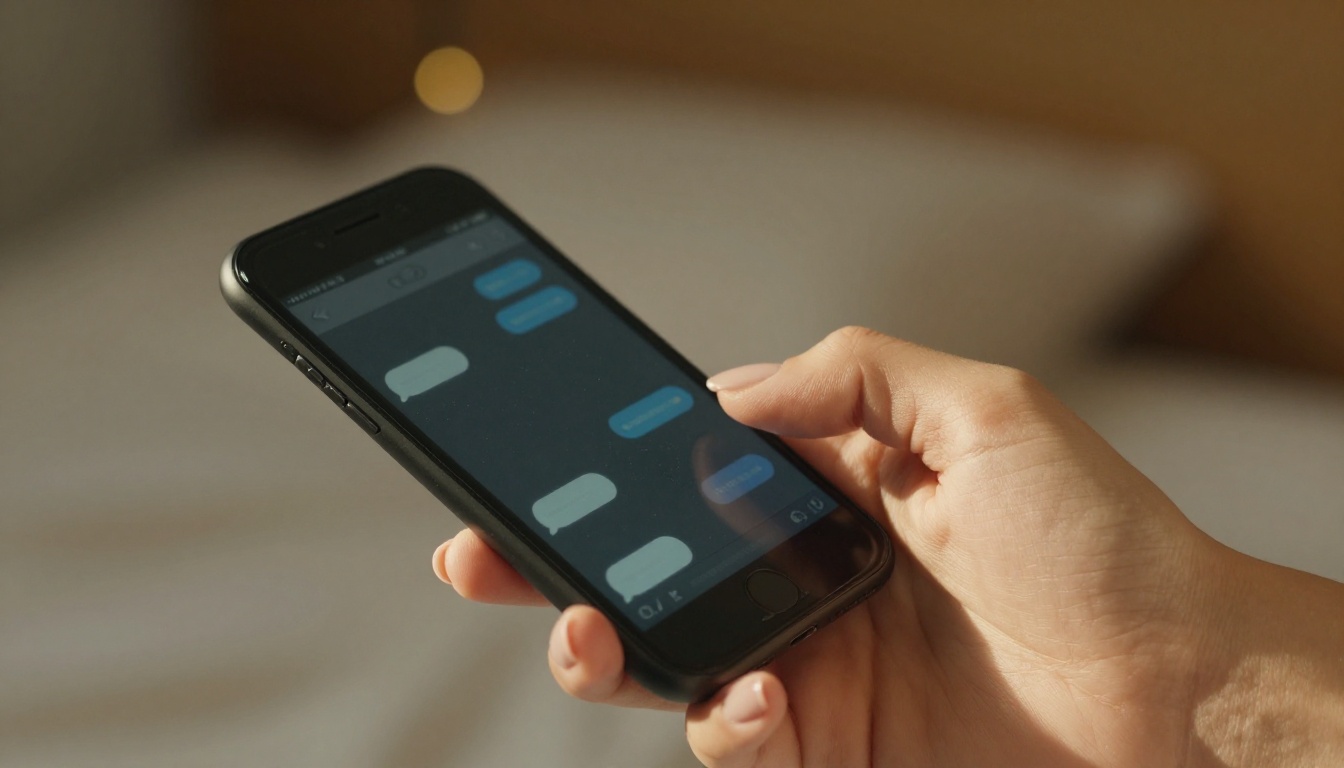 Close-up of hand holding glowing phone with chat interface