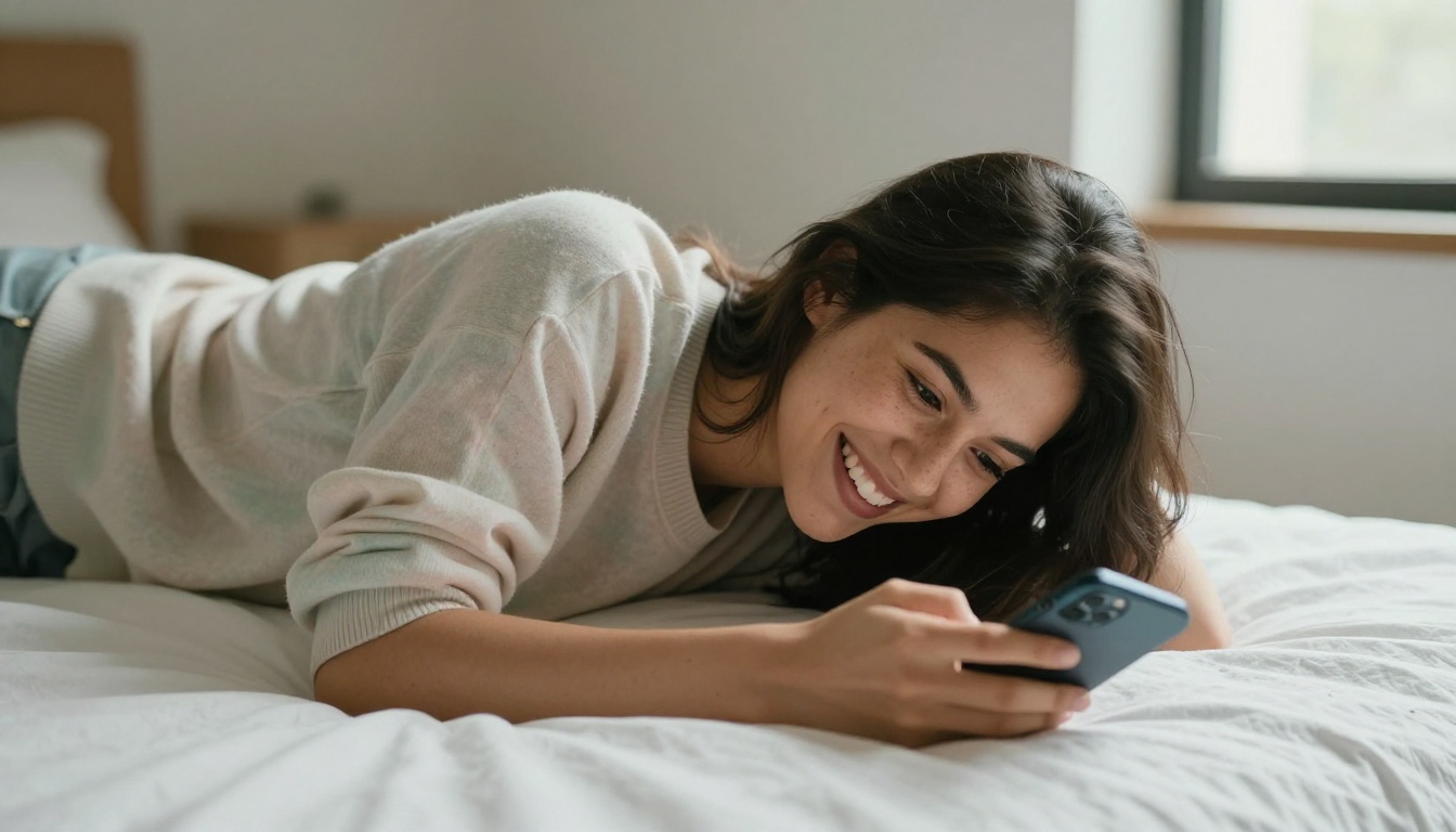 Cheerful young woman laughing while looking at her phone on a white bed