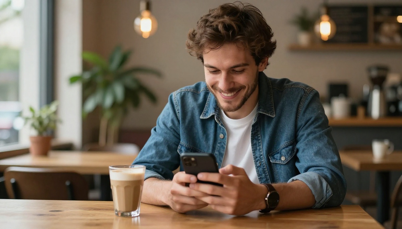 Handsome young man smiling at his phone at a wooden café table, warm bokeh background