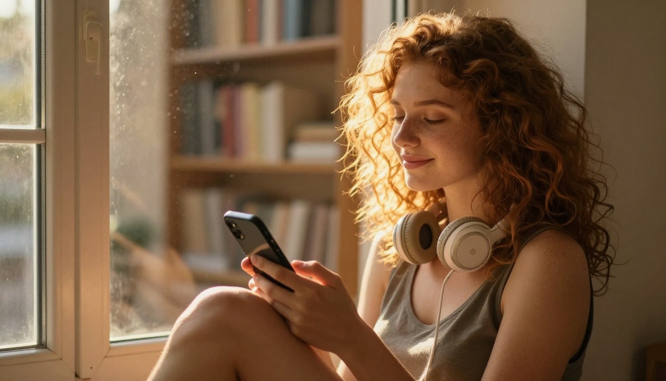 Young woman with curly auburn hair on a window seat, peaceful expression in golden hour light
