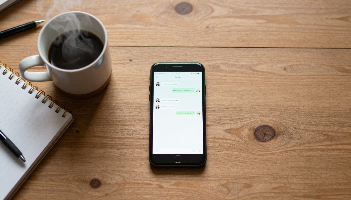 Overhead flat lay of a desk with smartphone, steaming mug, and notebook in morning light