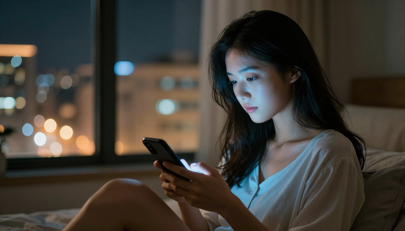 Young woman at night holding phone with blue screen glow, city lights in background