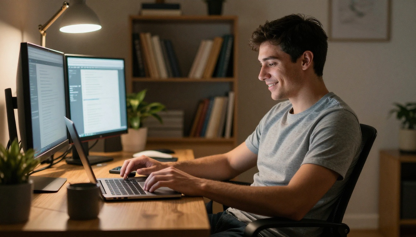 Young professional man smiling at laptop screen at a warm home office desk